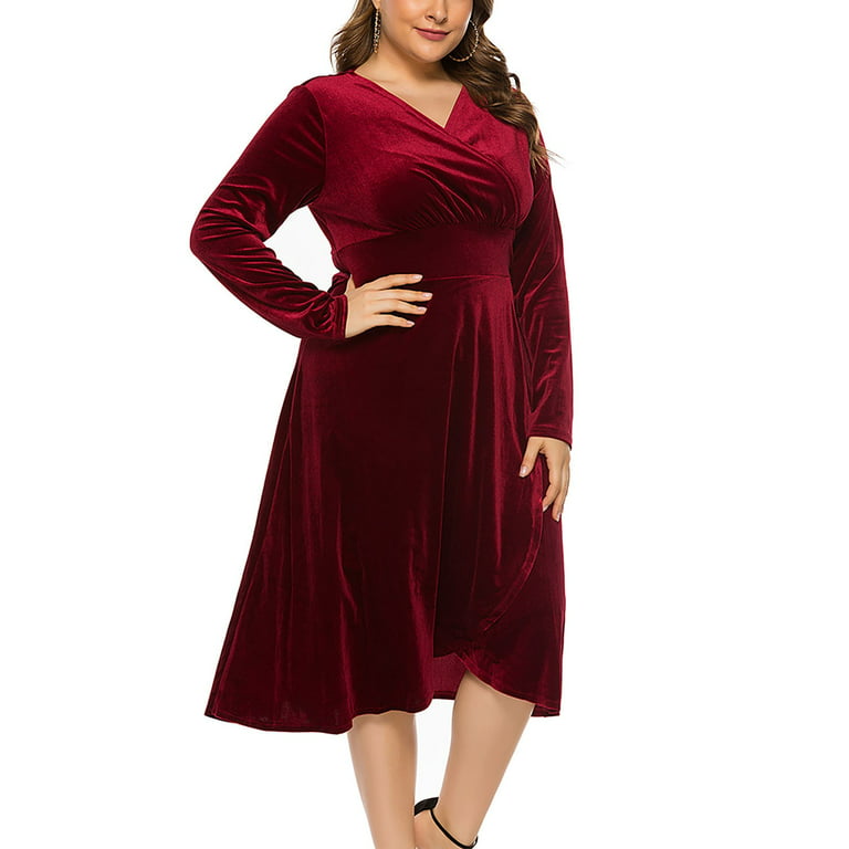 ALSLIAO Womens Long Sleeve Velvet Dress V-neck Cocktail Party Wrap Dress  Plus Size Wine Red 3XL 