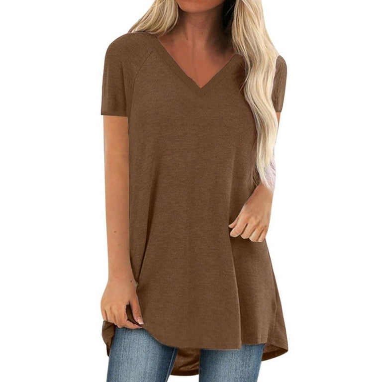 ALSLIAO Womens Loose Fit Short Sleeve T-Shirt V-Neck Casual Basic Tunic Top  Long Blouse Brown L 