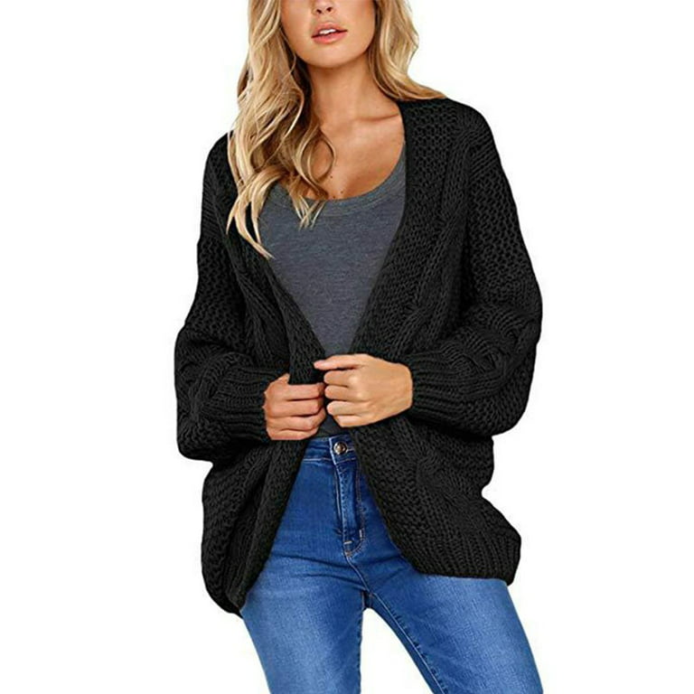 ALSLIAO Womens Open Front Long Sleeve Chunky Knit Cardigan Sweaters Loose  Outwear Coat Black M 