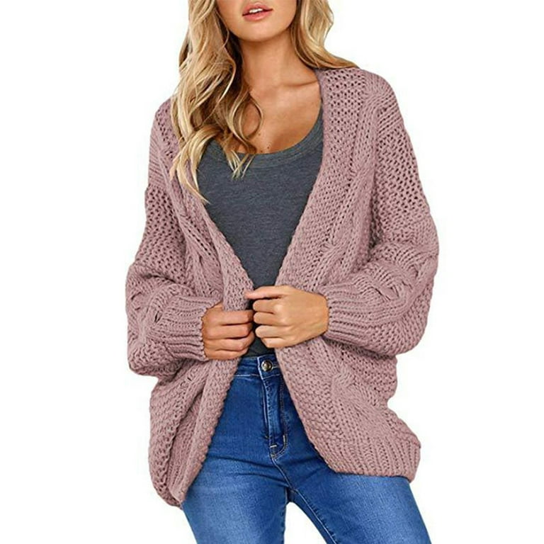ALSLIAO Womens Open Front Long Sleeve Chunky Knit Cardigan Sweaters Loose  Outwear Coat Light Pink M 