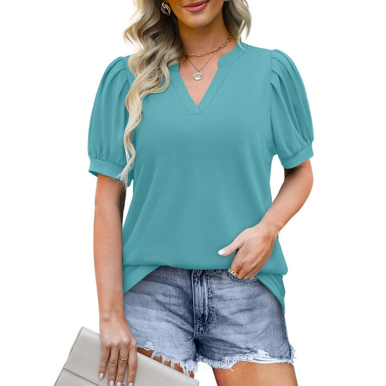 ALSLIAO Womens Pleated Puff Sleeve Tops Summer V Neck Multicolor T Shirts  Loose Blouses Light Green 2XL 