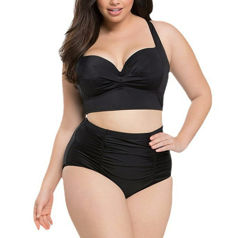 ALSLIAO Womens Plus Size High Waist Bikini Set Swimsuit Swimwear Tummy  Control Costume Black 2XL 