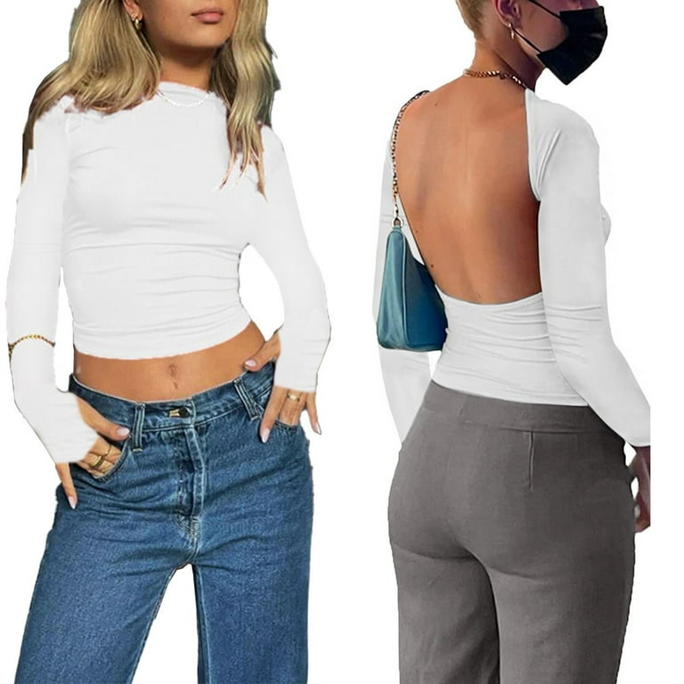 ALSLIAO Womens Sexy Backless Tops Casual Y2K Crop Shirts Long Sleeve  Crewneck Tees White L 
