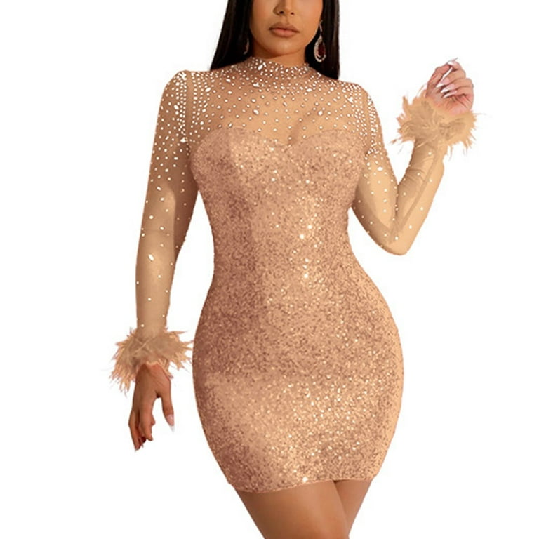 ALSLIAO Womens Sexy Sequins Hot Drilling Bodycon Dress See Through Party  Club Dresses Apricot M 