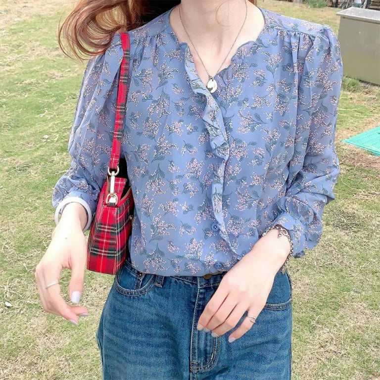 ALSLIAO Womens Shirt V-neck Floral Shirt Long Sleeved Shirt Korean Fashion  Y2K Tops Blue L 