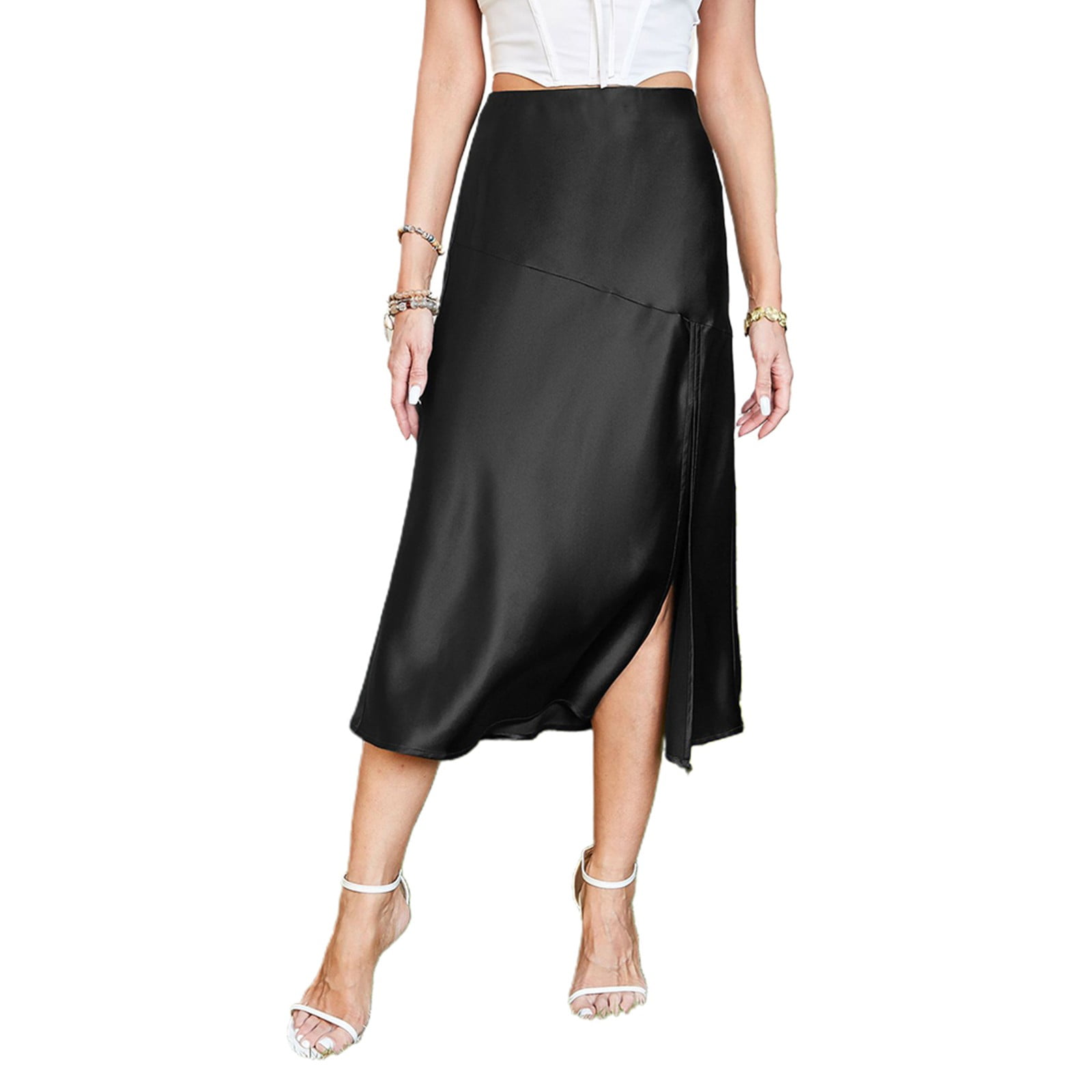 ALSLIAO Womens Silky Satin Midi Skirt High Waist Elastic Waist A Line Skirt  With Slit Black M 