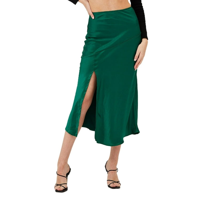 ALSLIAO Womens Silky Satin Midi Skirt High Waist Elastic Waist A