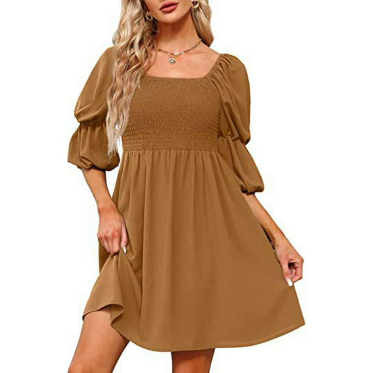 ALSLIAO Womens Square Neck Dresses Puff Sleeve Smocked Chest Off Shoulder  Casual Dress Camel XL 