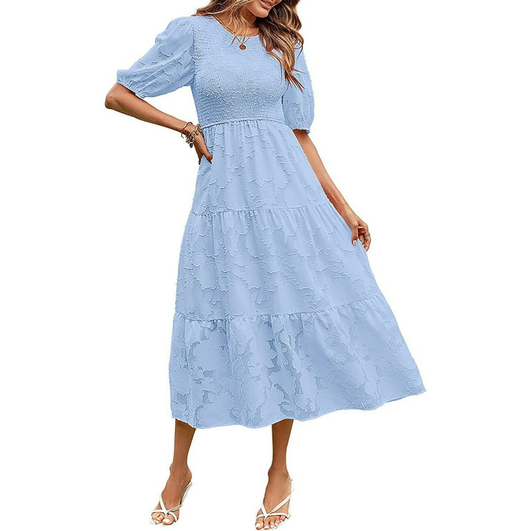 ALSLIAO Womens Summer Crewneck Puff Sleeve Smocked Lace Floral Dress Flowy  Midi Dresses Blue L 