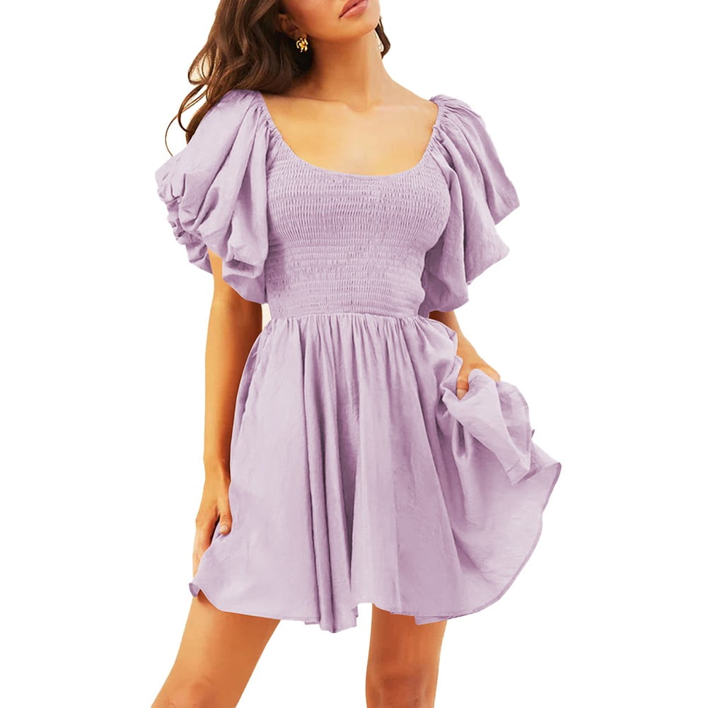 ALSLIAO Womens Summer Square Neck Sleeve Dress Off Shoulder Ruffle A-Line  Puffy Short Purple M 