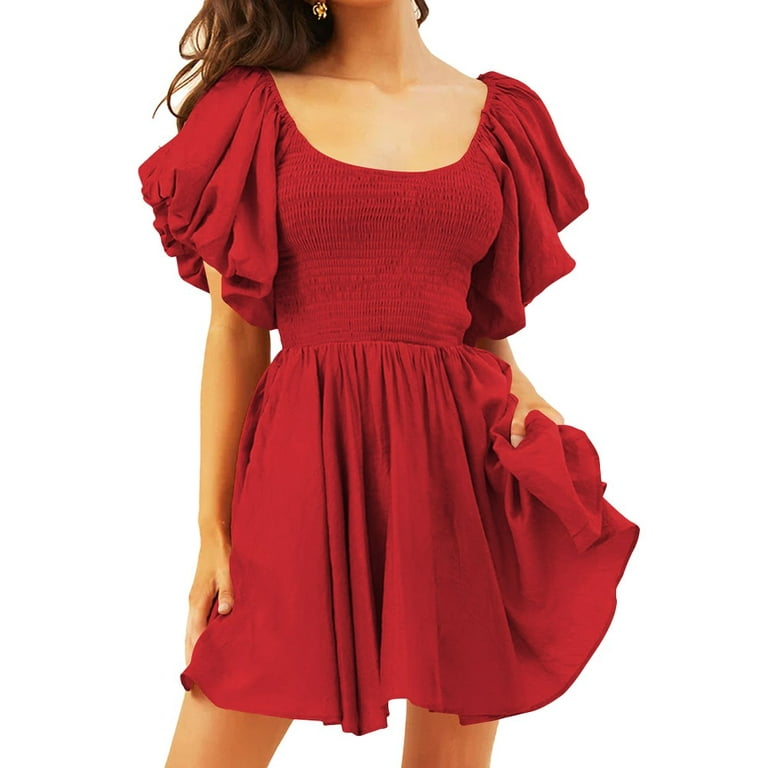 ALSLIAO Womens Summer Square Neck Sleeve Dress Off Shoulder Ruffle A-Line  Puffy Short Red L
