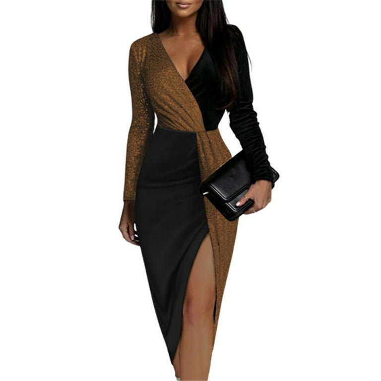 ALSLIAO Womens V Neck Bodycon Sexy Dress Ladies Cocktail Evening Party Midi  Dresses Brown 2XL 