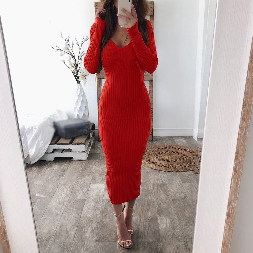 ALSLIAO Womens V Neck Knit Bodycon Sweater Long Sleeve Dress Cocktail  Evening Party Red L - Walmart.com