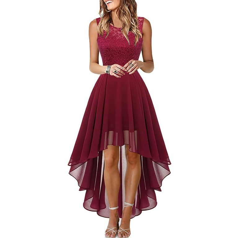 ALSLIAO Womens Vintage Floral Lace Chiffon Sleeveless Hi-Lo Cocktail Party  Swing Dress Wine Red M 