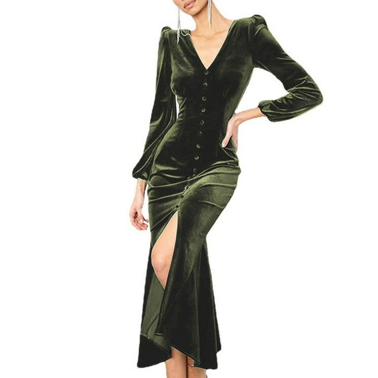 ALSLIAO Womens Wrap V Neck Long Sleeve Split Wrap Elegant Bodycon Cocktail  Party Dress Green S 