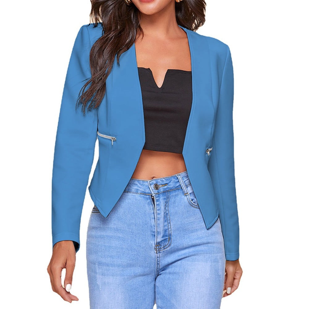 ALSLIAO Womens Zip Blazer Suit Qualities Slim Ladies Coat Formal Jacket  Slim Plus Size Blue L 