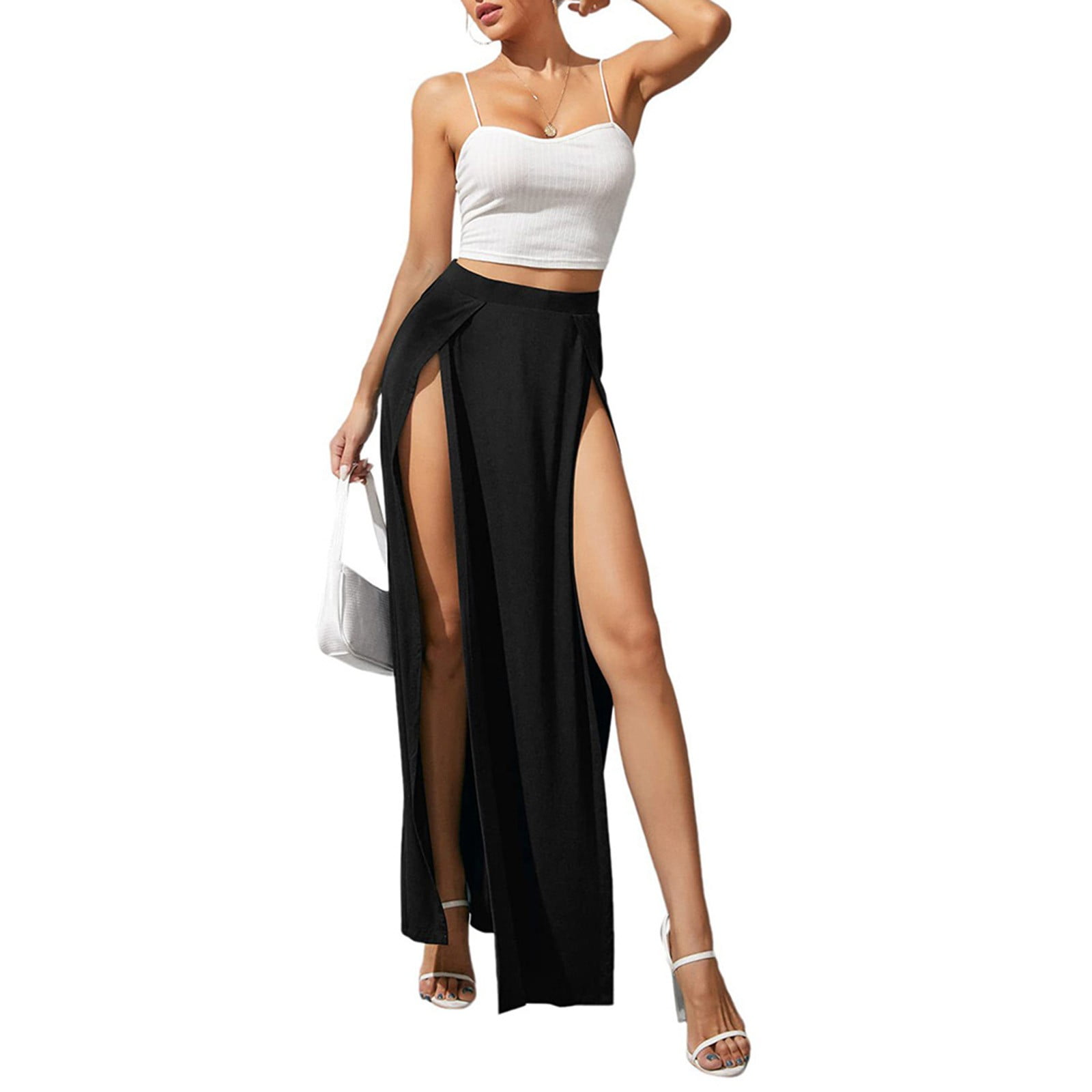 ALSLIAO Womens sexy Elastic Waist High Split Wrap Flowy Long Maxi Skirt  Black S 