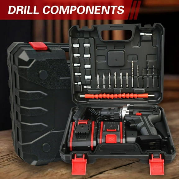 ALSO GO 21V Multi-Functional Cordless Drill Set, Drill with 2 Batteries and Charger, Power Drill Kit Electric Hammer Drill for Drilling and Screw Tightening/Loosening, Black