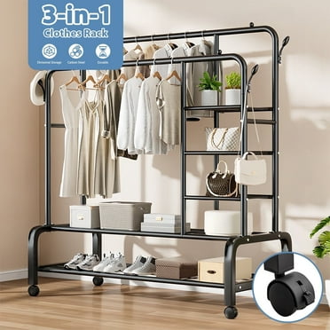 ALSO GO 3-In-1 Double Rod Clothes Rack with 4-Shelf, Metal Clothing Rack with Wheels & 4 Hooks, Portable Heavy Duty Garment Rack with Double Bottom Shelves, Freestanding Organizer  for Bedroom, Black