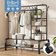 ALSO GO 3-In-1 Double Rod Clothes Rack with 4-Shelf, Metal Clothing Rack with Wheels & 4 Hooks, Portable Heavy Duty Garment Rack with Double Bottom Shelves, Freestanding Organizer for Bedroom, Black