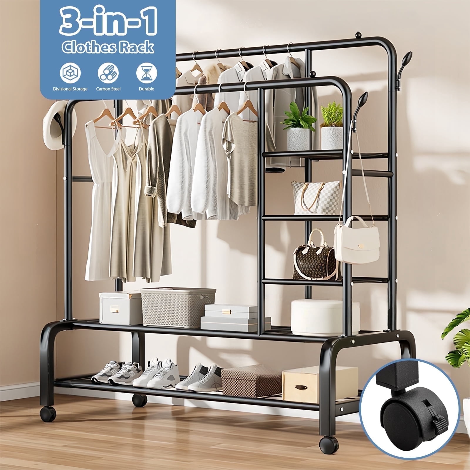 ALSO GO 3-In-1 Double Rod Clothes Rack with 4-Shelf, Metal  display picture 1