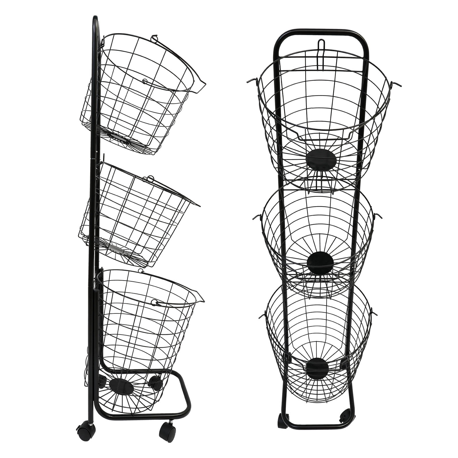 Black 3-Tier Metal Rolling Laundry Basket with Removable Hampers