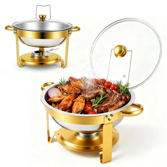 ALSO GO Chafing Dishes for Buffet, 5QT Round Semi-Gold-Plated Stainless Steel Buffet Server, High Grade Buffet Servers, Food Warmers for Parties Buffet, Events & Weddings, 1Pack