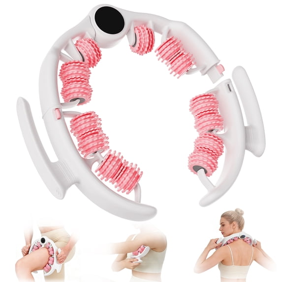 ALSO GO Circular Leg Clamp, Manual Massage Relax Roller with 9 Wheels, 360°Circular Leg Neck Muscle Hand Arm Relaxer Deep Tissue Pain Relief for Tennis Elbow Legs Women and Men, Pink