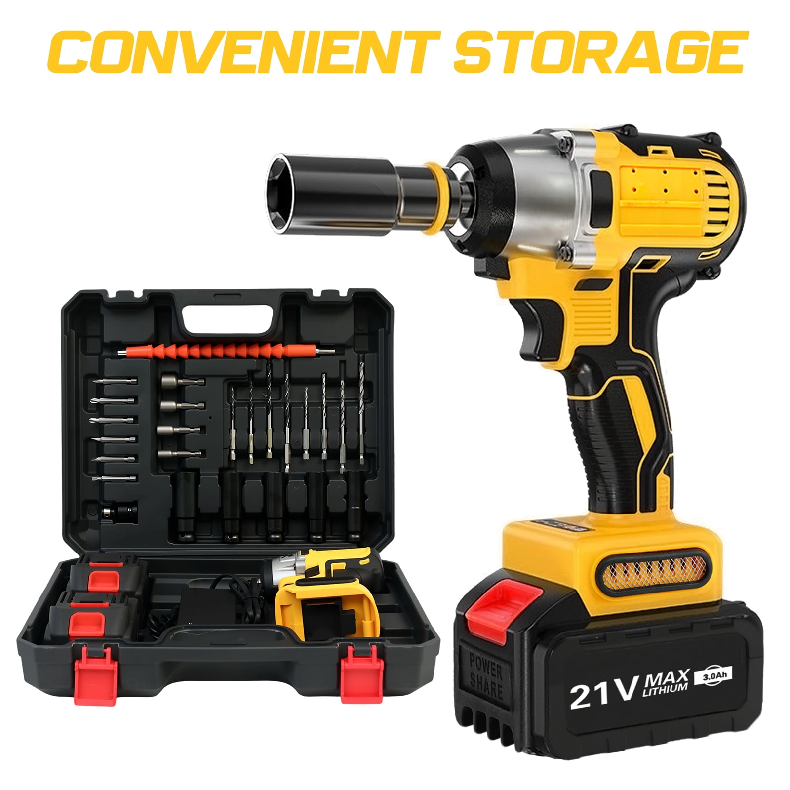 ALSO GO Cordless Impact Wrench 1/2", 20V Impact Motor, High Torque Impact Gun with 2 x 3.0A Batteries, Power Impact Wrench with 5 Sockets, 8 Drill, 8 Screws for Home Car