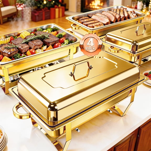 Chafing Dish Buffet Set 4 Pack,9QT Stainless Steel Gold Rectangle Chafing Dishes,Chafers and Buffet Warmers Sets for Events,Parties,Catering,Dinner