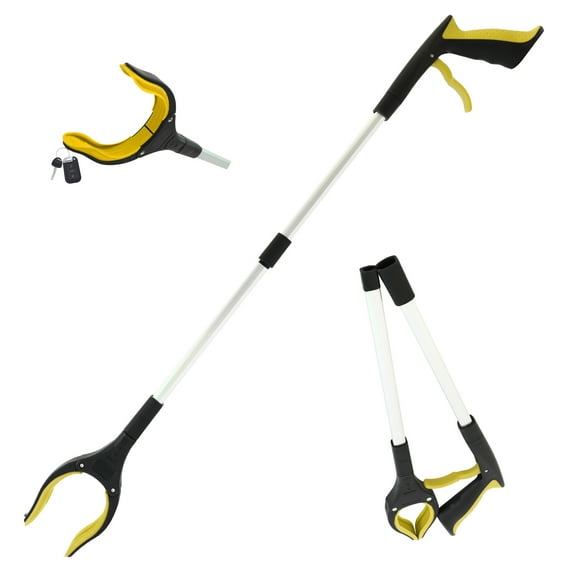ALSO GO Foldable Reacher Grabber Tool,32" Grabbers for Elderly,Aluminum Trash Reach Tool,Extra Long Pick Up Stick with Strong Grip Magnetic,Anti-Slip Jaw,Garbage Claw Trash Picker(Yellow)