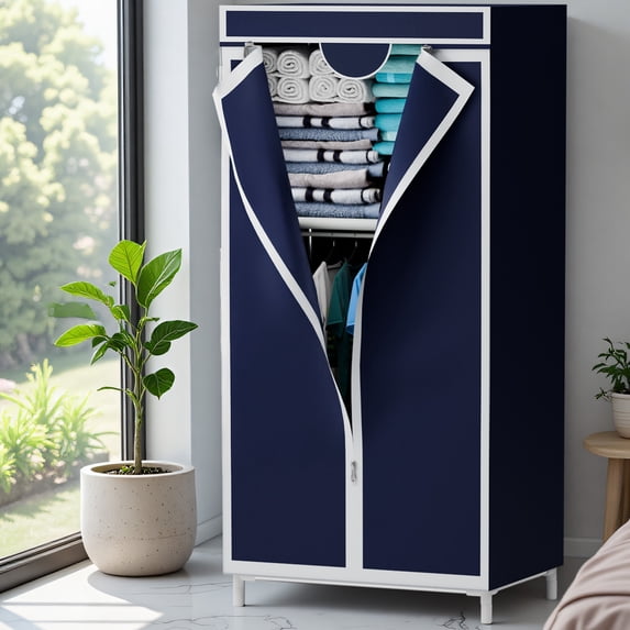 ALSO GO Portable Closet Organizers and Storage with Hanging & Folding Sections, Closet Wardrobe with T-Zipper Design & Full-Cover Dustproof for Room Bedroom Apartment,Navy Blue