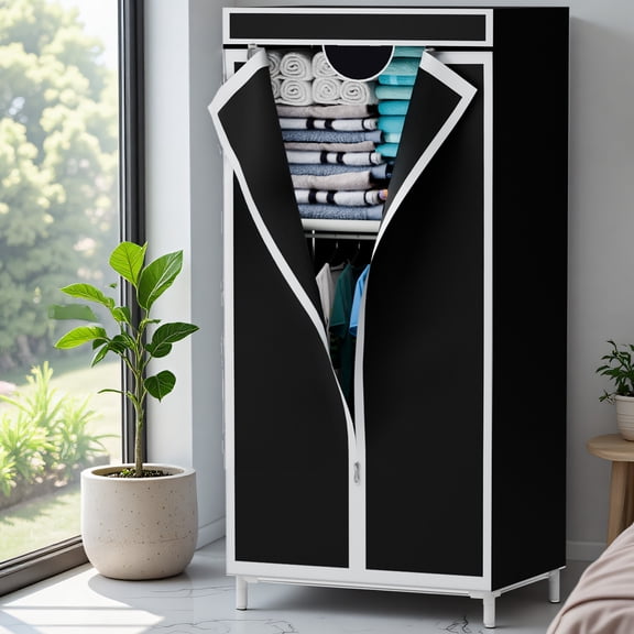 ALSO GO Portable Closet Wardrobe with Hanging & Folding Sections,T-Zipper Design&Full-Cover Dustproof Hanging Clothing Rack for Bedroom, Apartment, Dorm, Black