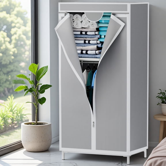 ALSO GO Portable Durable Wardrobe with Hanging & Folding Sections,Space-Saving Wardrobe Closet Organizer,T-Zipper Design & Full-Cover Dustproof Cover for Bedroom, Apartment, Dorm,Light Gray