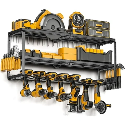 Power Tool Organizer, Power Drill Holder Wall Mount, 3 Layers Heavy Duty Metal Tool Storage Rack, Battery Tools Holder Shelf, Adjustable Height Iron Tool Rack for Workshop or Garage, Black
