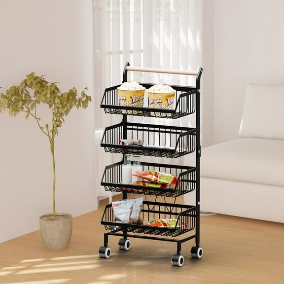 Rolling Cart on Wheels, 4-Tier Detachable Kitchen Storage Cart, Kitchen Vegetable and Fruits Utility Shelf Rack