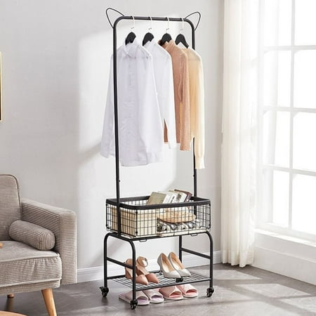 ALSO GO Rolling Laundry Cart with Clothes Rack, Multifunctional Laundry Butler with Basket, Hamper Cart with Lockable Wheels, Black
