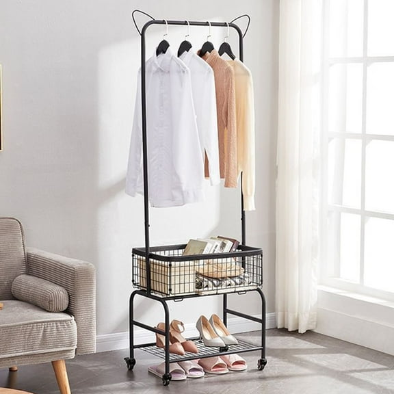 ALSO GO Rolling Laundry Cart with Clothes Rack, Multifunctional Laundry Butler with Basket, Hamper Cart with Lockable Wheels, Black