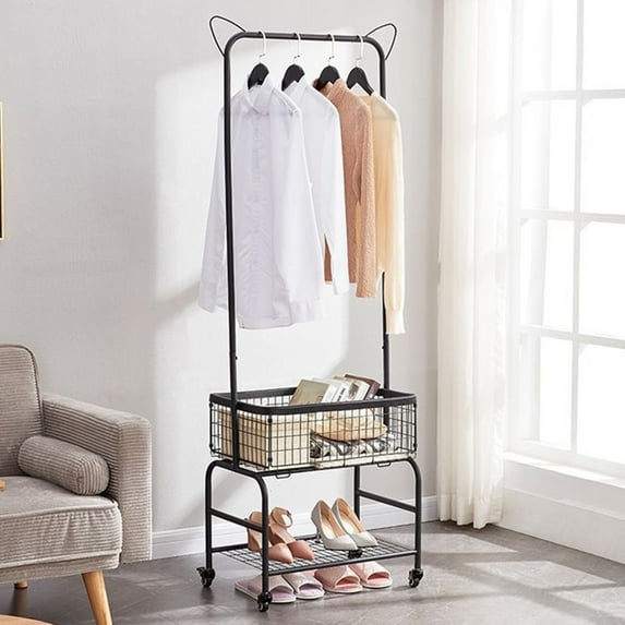 ALSO GO Rolling Laundry Cart with Clothes Rack, Multifunctional Laundry Butler with Basket, Hamper Cart with Lockable Wheels, Black