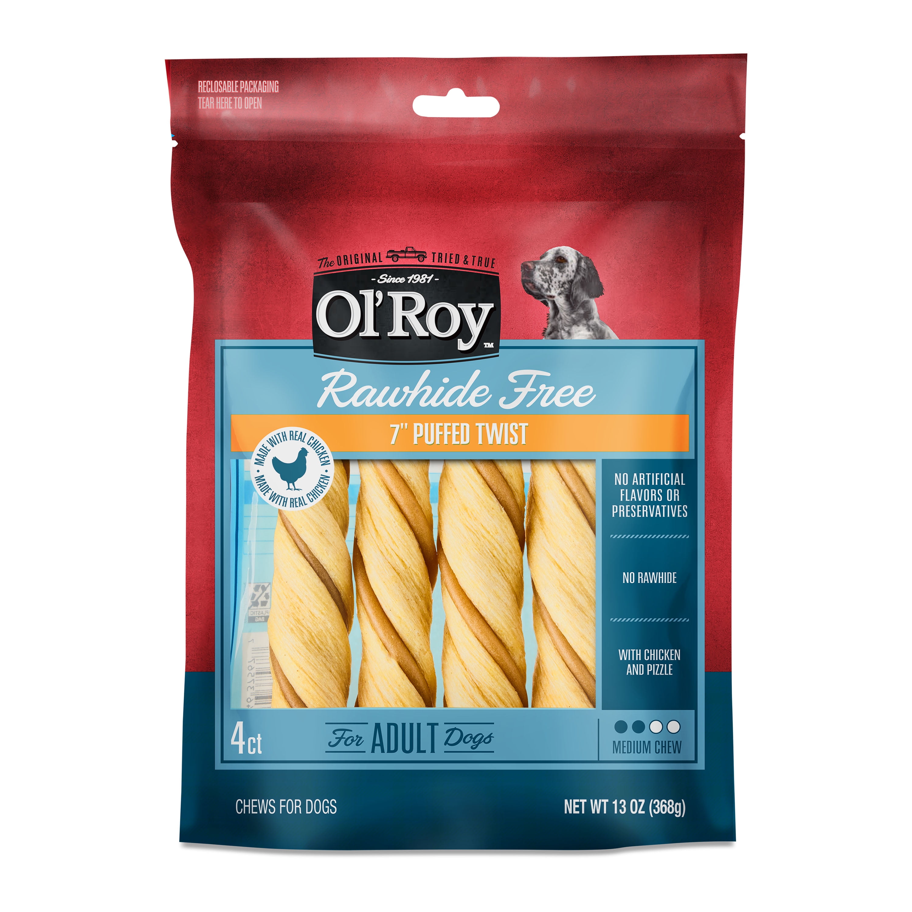 Ol' Roy 7 Inch Rawhide Free Puffed Twists for Dogs, 13 oz Bag, 4 Count