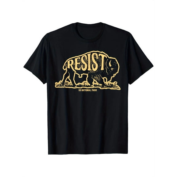ALT US National Park Resist Service T shirt Bison Vintage T-Shirt, 100%Cotton Ultra-Soft Crew Neck, Slight Stretch Knitted Fabric 180g, Breathable Casual Summer for Adults with Alphabetic Print