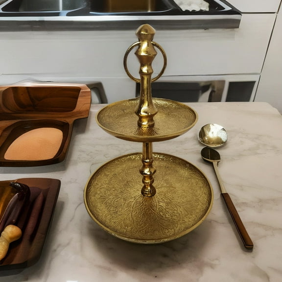 ALUMINUM EMBOSSED TWO TIER CAKE STAND - PLATTERS - BY ERHA HANDICRAFT