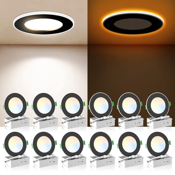 ALUSSO 12 Pack 4 Inch 5CCT Ultra Slim LED Recessed Ceiling Nightlight with Junction Box 2700K/3000K/3500K/4000K/5000K Selectable 9W Black