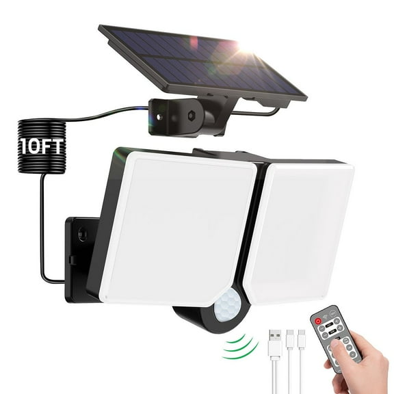 ALUSSO 5W LED Solar Light Dual Heads, 400lm Motion Sensor Security Lights, 3000K-6500K Selectable, 3 Modes Outdoor, Remote Control, IP54 Waterproof, 120°Detection Angle for Garden Yard Garage, 1 Pack