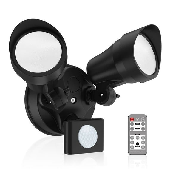 ALUSSO LED Security Light Black for Outdoor, 25W 2000LM Floodlight with Motion Sensor, Dusk to Dawn, Remote Control, 2 Adjustable Heads, 3000K-6500K Changeable, 10%-100% Dimmable, 1 Pack