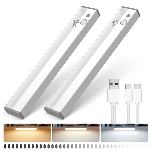 ALUSSO 30cm LED Cabinet Lighting with Motion Sensor, 3000/4000/6500K 3CCT&Dimmable, USB Rechargeable Night Light for Stairs, Bedroom, Kitchen, 2 Pack