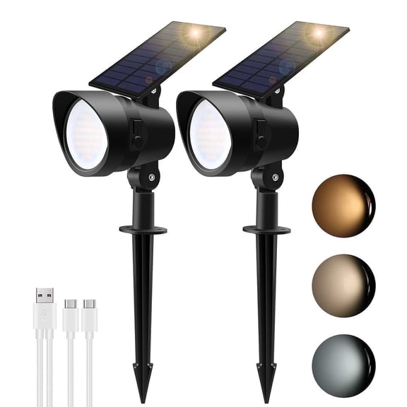 ALUSSO Solar Spotlight Outdoor Waterproof, 54 LED Auto On/Off, 3 Lighting Colors, Dimmable landscape - 2 Pack