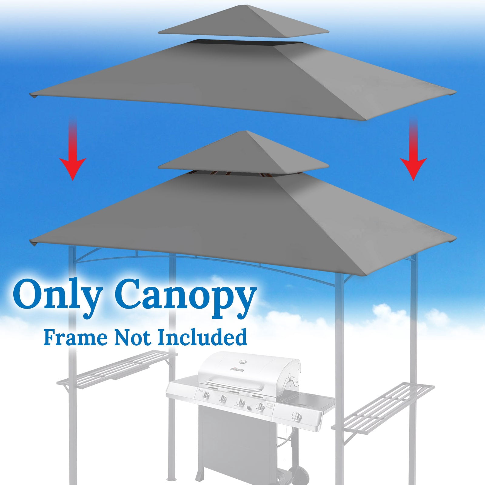 ALUVIERA 8'x5' Outdoor Grill Gazebo Replacement Canopy 2-Tier BBQ Grill Gazebo Roof Patio Pavilion Cover Top Garden Porch Backyard(Grey)