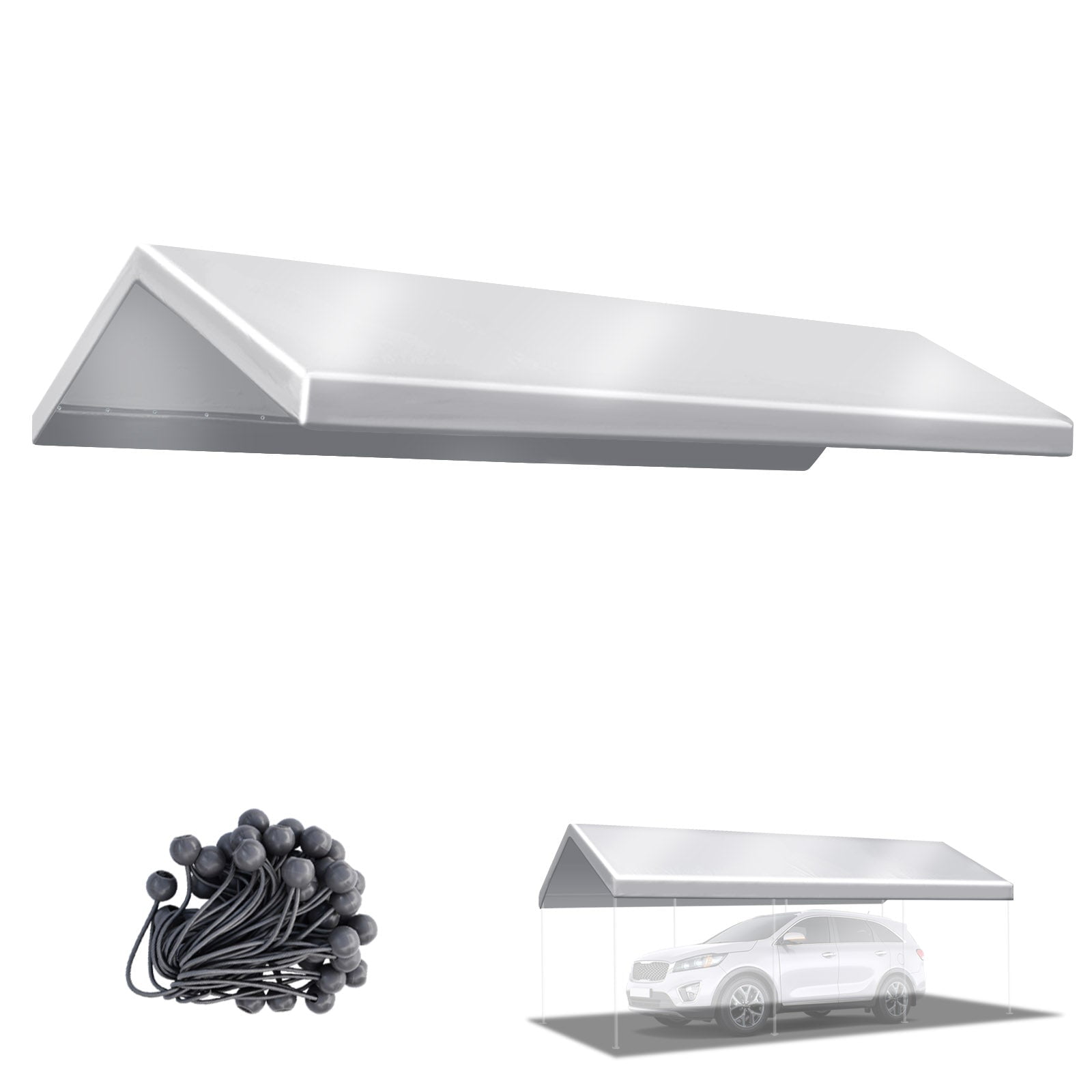 ALUVIERA Carport Tent Top Garage COVER ONLY w Bungee, Waterproof Replacement Canopy (12'x20'，SILVER)