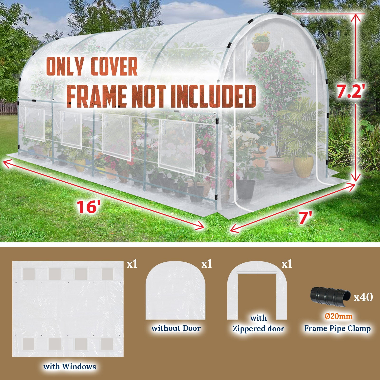 ALUVIERA Half-Transparent Greenhouse 3Pcs Cover Replacement ONLY Larger Walk in Outdoor Plant Garden,Cover ONLY Frame NOT included（16x7x7 FT）